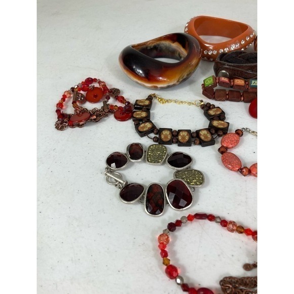 Boho Red Brown Orange Jewelry Lot Bracelets Bangles Necklaces Chunky Mixed Set - Picture 5 of 12